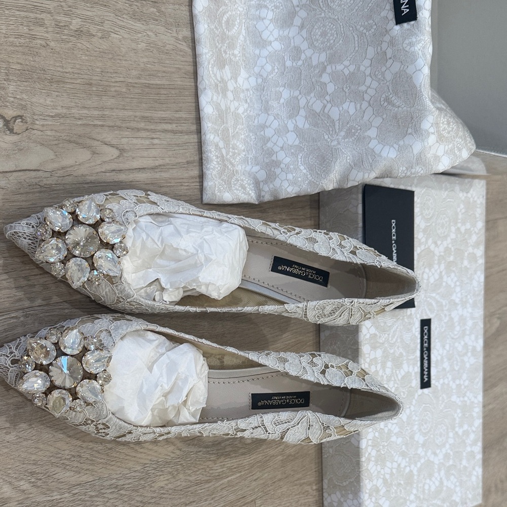 Dolce & Gabbana Cream Lace Heels with Crystal Embellishments
